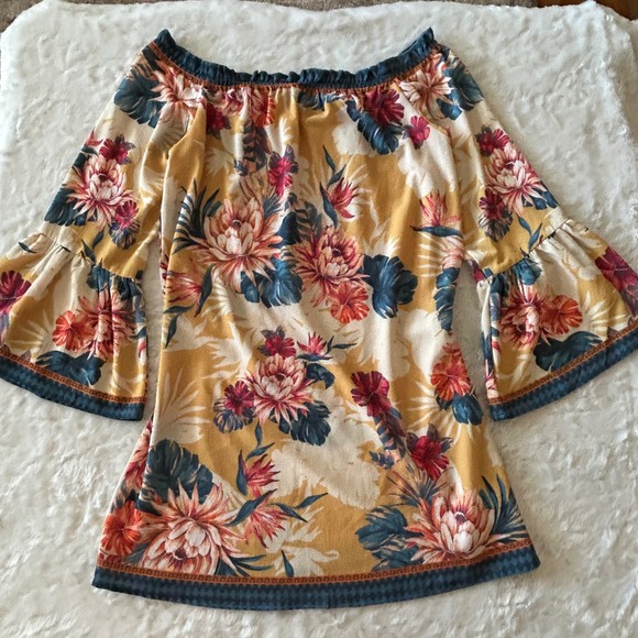 Flying Tomato Tops - Flying Tomato Tunic Top Mini Dress Sz Small Yellow Off Shoulder Bell Sleeve Boho